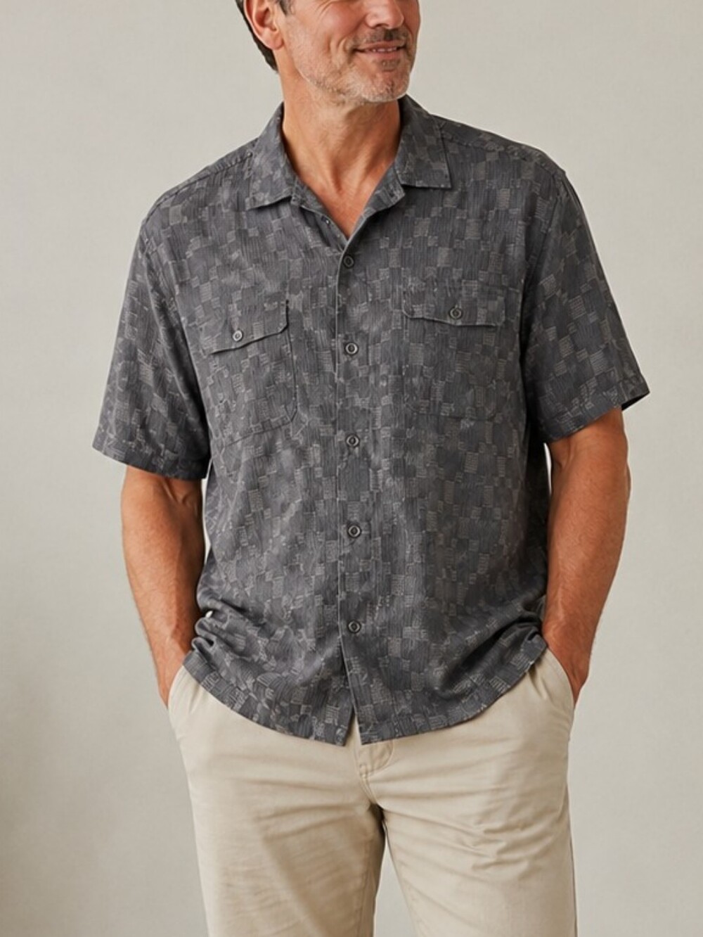 Tommy Bahama Silk Cotton Button Front Shirt XXL Gray Geometric  Short Sleeve